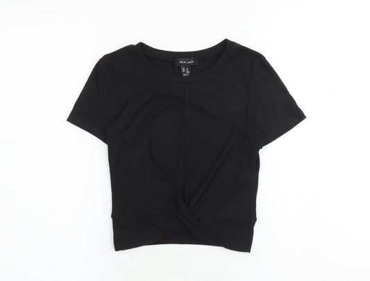 New Look Womens Black Polyester Cropped T-Shirt Size 8 Round Neck