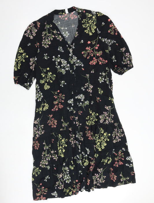 And/Or Womens Black Floral Polyester A-Line Size 10 V-Neck Button