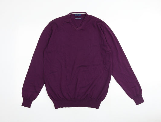 Jasper Conran Mens Purple V-Neck Wool Pullover Jumper Size L Long Sleeve
