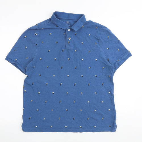 Marks and Spencer Mens Blue Geometric 100% Cotton Polo Size L Collared Button - Toucan pattern