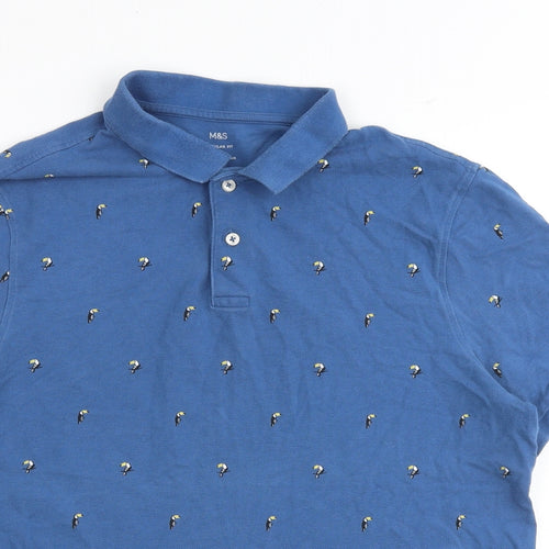 Marks and Spencer Mens Blue Geometric 100% Cotton Polo Size L Collared Button - Toucan pattern