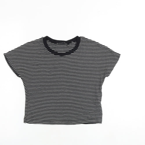 Zara Womens Black Striped Viscose Basic T-Shirt Size S Round Neck