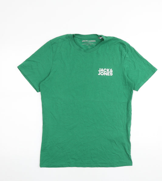 JACK & JONES Mens Green Cotton T-Shirt Size L Round Neck