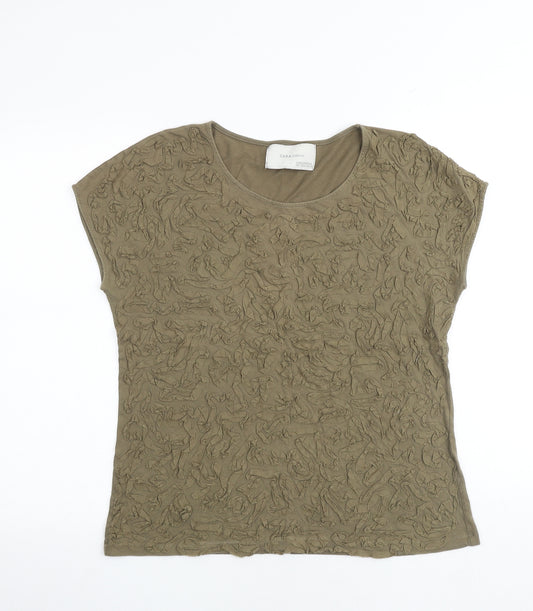 Zara Womens Brown Polyester Basic T-Shirt Size L Round Neck