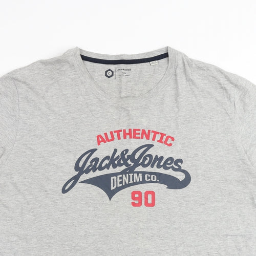 JACK & JONES Mens Grey Cotton T-Shirt Size 2XL Round Neck