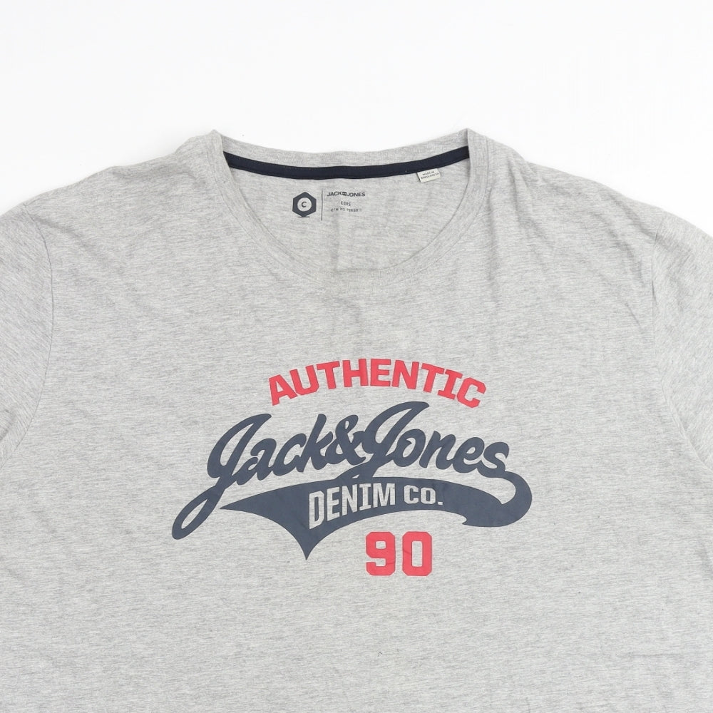 JACK & JONES Mens Grey Cotton T-Shirt Size 2XL Round Neck