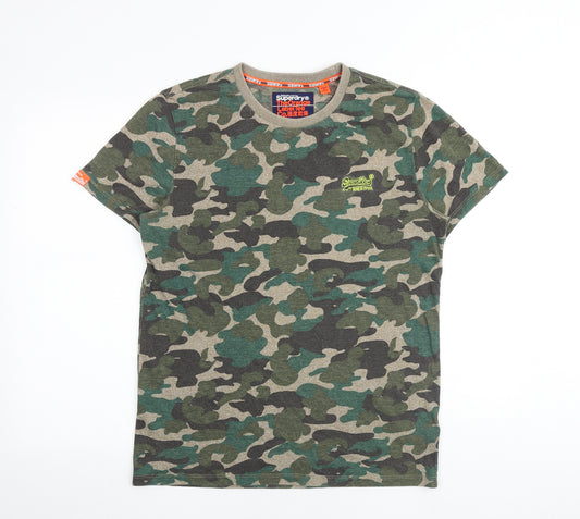 Superdry Mens Multicoloured Camouflage Cotton T-Shirt Size L Round Neck