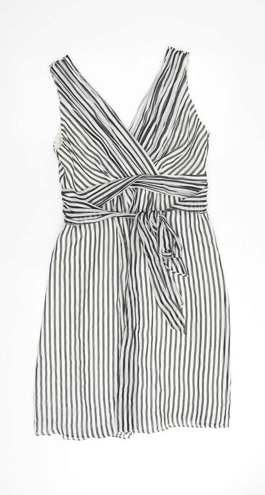Coast Womens Black Striped Polyester A-Line Size 16 V-Neck