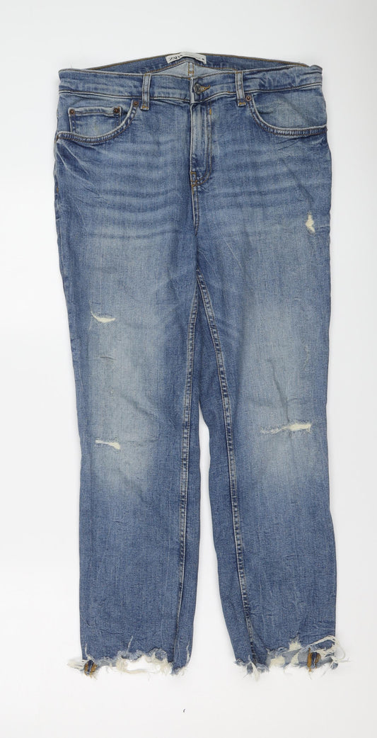 Zara Womens Blue Cotton Straight Jeans Size 12 L25 in Regular Button