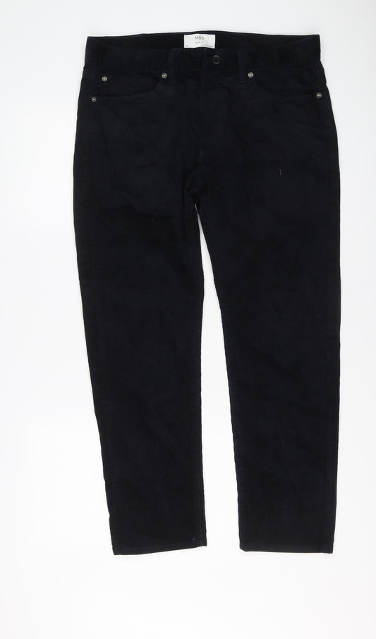 Marks and Spencer Mens Blue Cotton Trousers Size 34 in L29 in Regular Button
