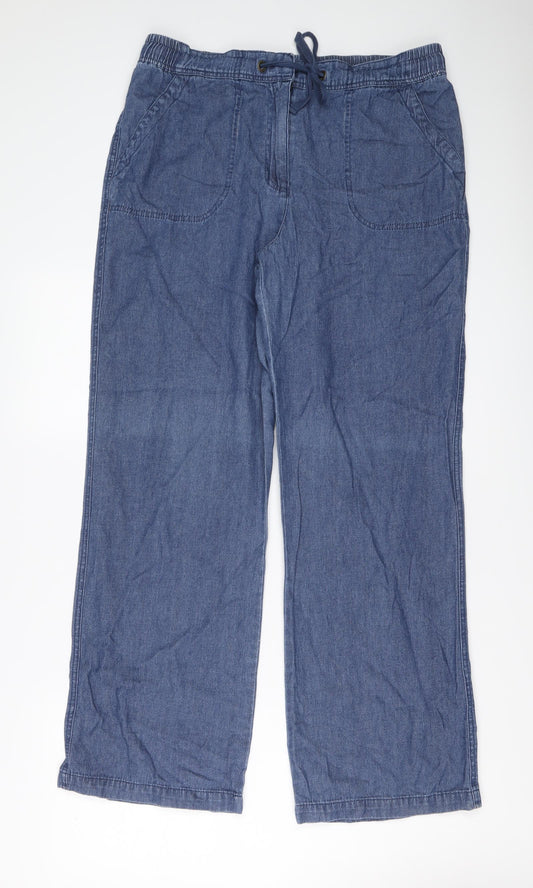 Cotton Traders Womens Blue Cotton Wide-Leg Jeans Size 14 L30 in Regular Drawstring
