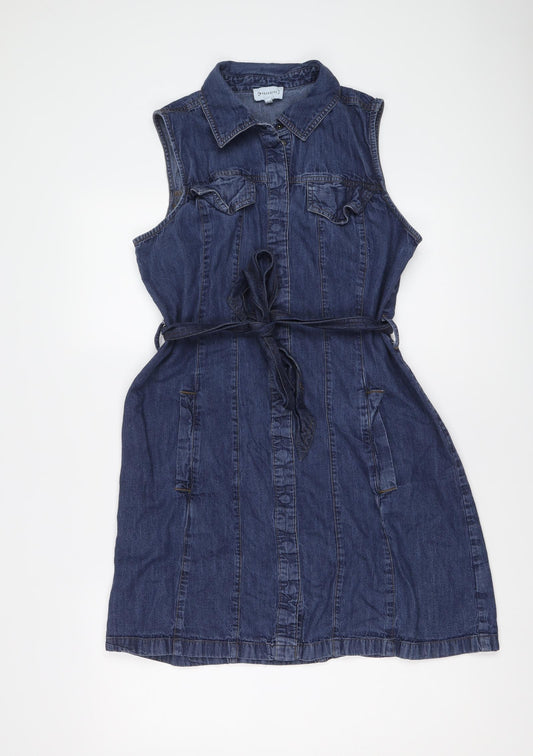 Warehouse Womens Blue Cotton Shirt Dress Size 14 Collared Button