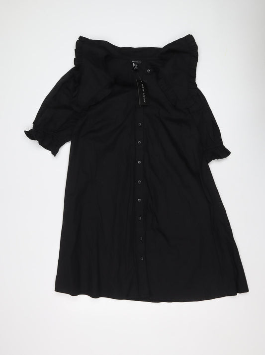 New Look Womens Black Cotton A-Line Size 12 Collared Button