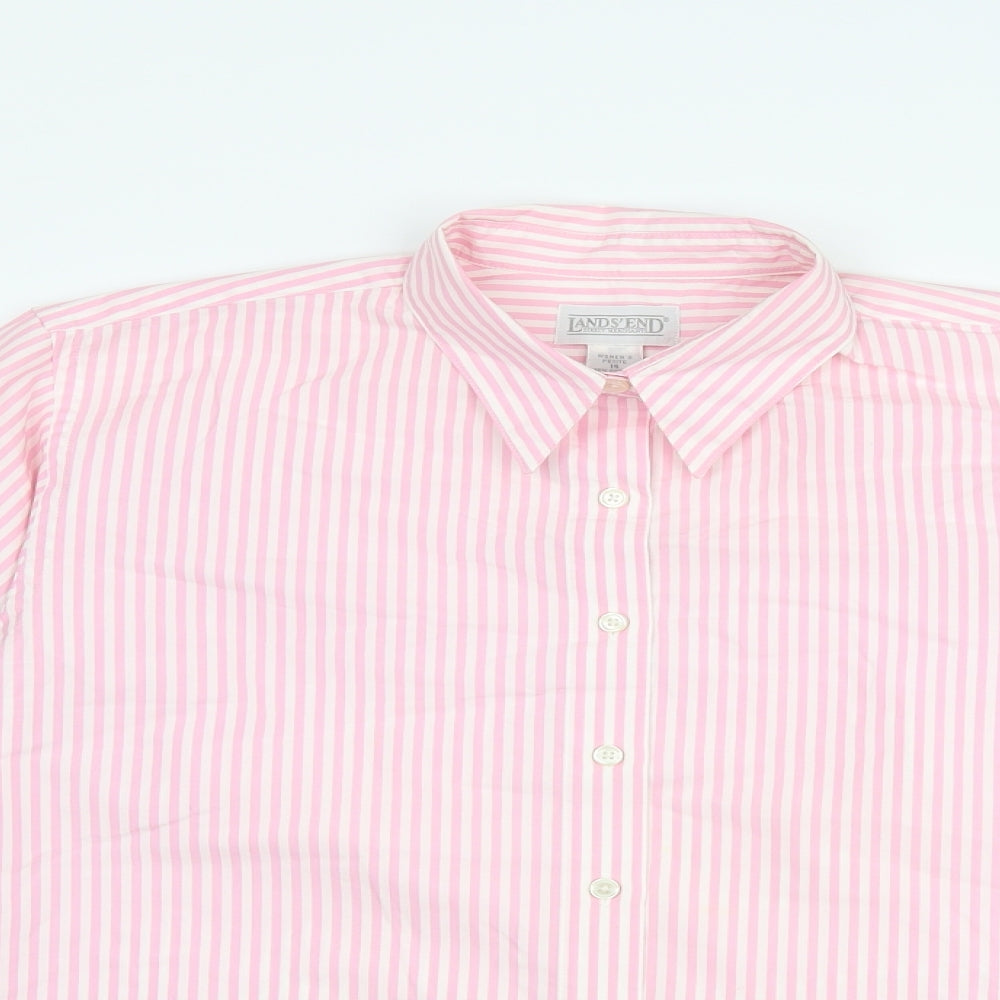 Lands' End Womens Pink Striped Cotton Basic Button-Up Size 14 Collared