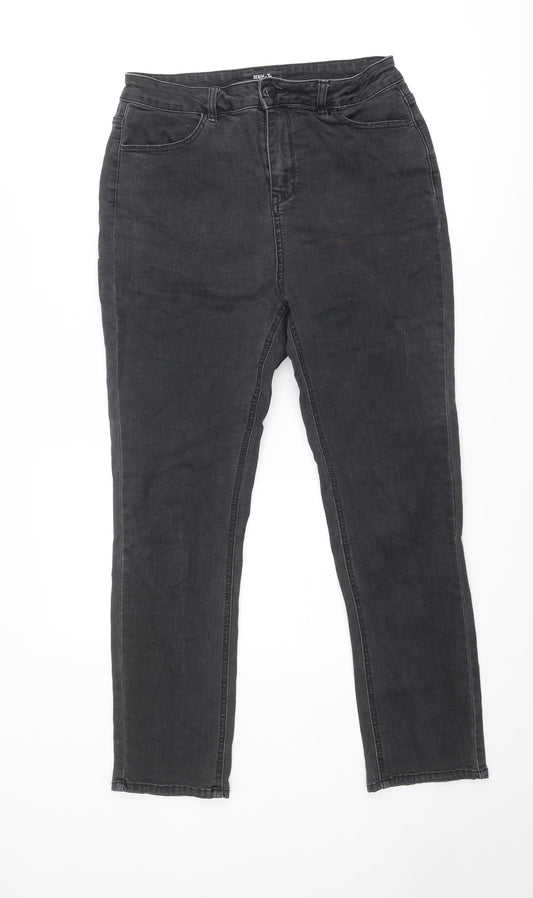 TU Womens Black Cotton Straight Jeans Size 14 Slim Zip