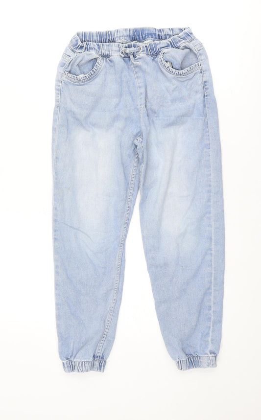 H&M Girls Blue Cotton Tapered Jeans Size 9-10 Years Regular Drawstring