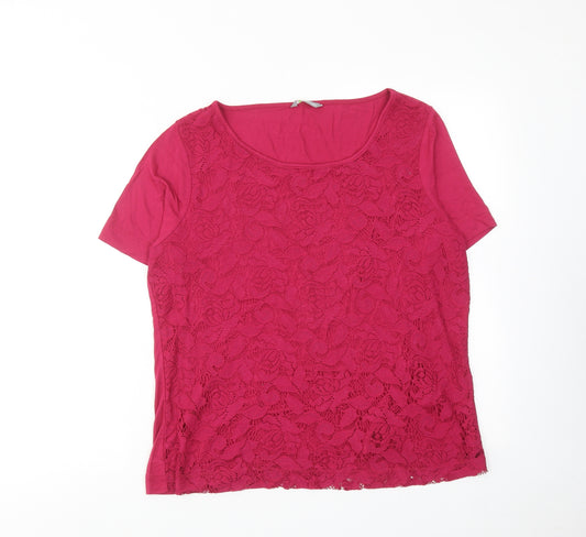 Marks and Spencer Womens Pink Viscose Basic T-Shirt Size 16 Round Neck - Lace Detail