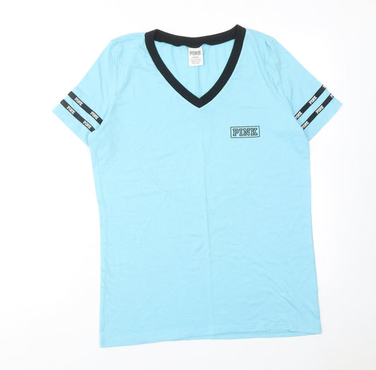 PINK Womens Blue Cotton Basic T-Shirt Size M V-Neck
