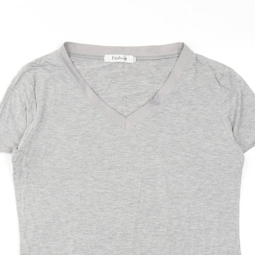 Fashion Womens Grey Viscose Basic T-Shirt Size S V-Neck