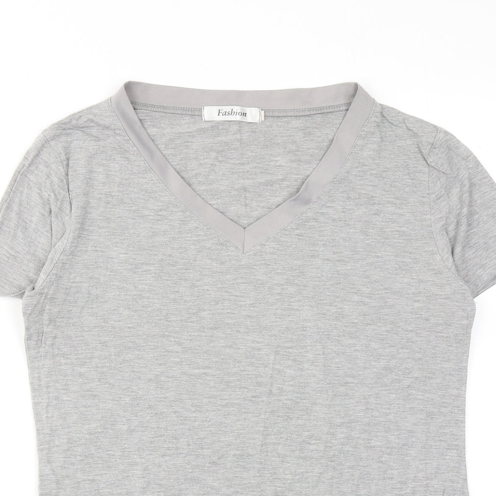 Fashion Womens Grey Viscose Basic T-Shirt Size S V-Neck
