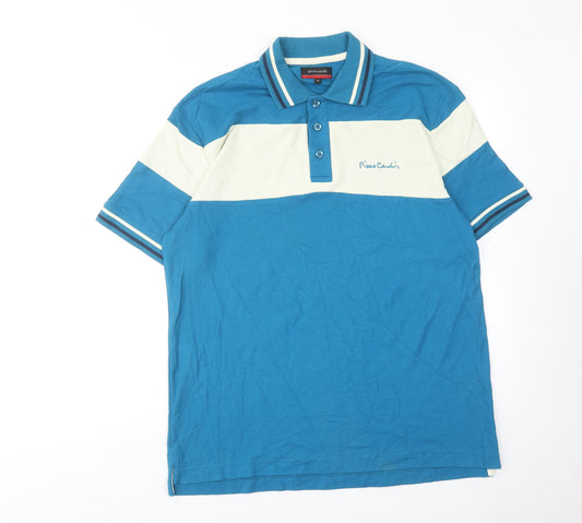 Pierre Cardin Mens Blue Colourblock Cotton Polo Size M Collared Button