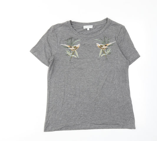 Warehouse Womens Grey Viscose Basic T-Shirt Size 10 Round Neck - Birds Print