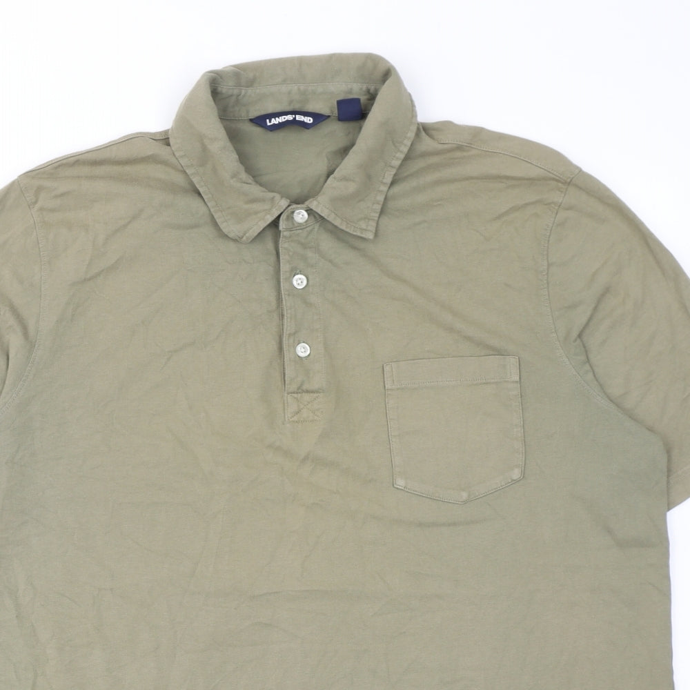 Lands' End Mens Green Cotton Polo Size L Collared Button