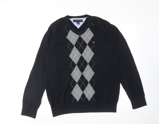 Tommy Hilfiger Mens Black V-Neck Argyle/Diamond Cotton Pullover Jumper Size M Long Sleeve