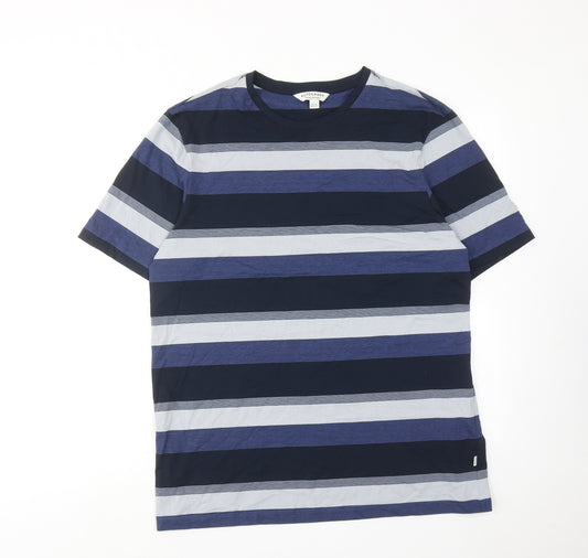 Autograph Mens Blue Striped Cotton T-Shirt Size L Round Neck
