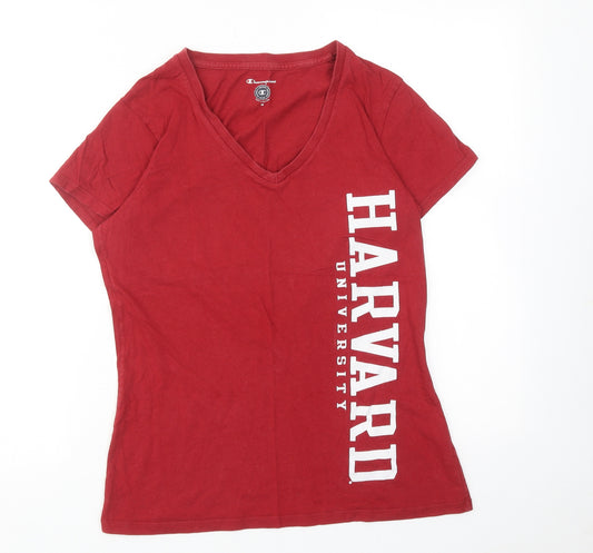 Champion Womens Red Cotton Basic T-Shirt Size M V-Neck - Harvard University