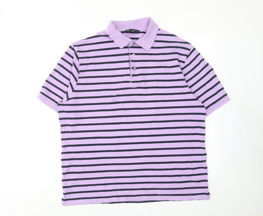 Marks and Spencer Mens Purple Striped Cotton Polo Size L Collared Button