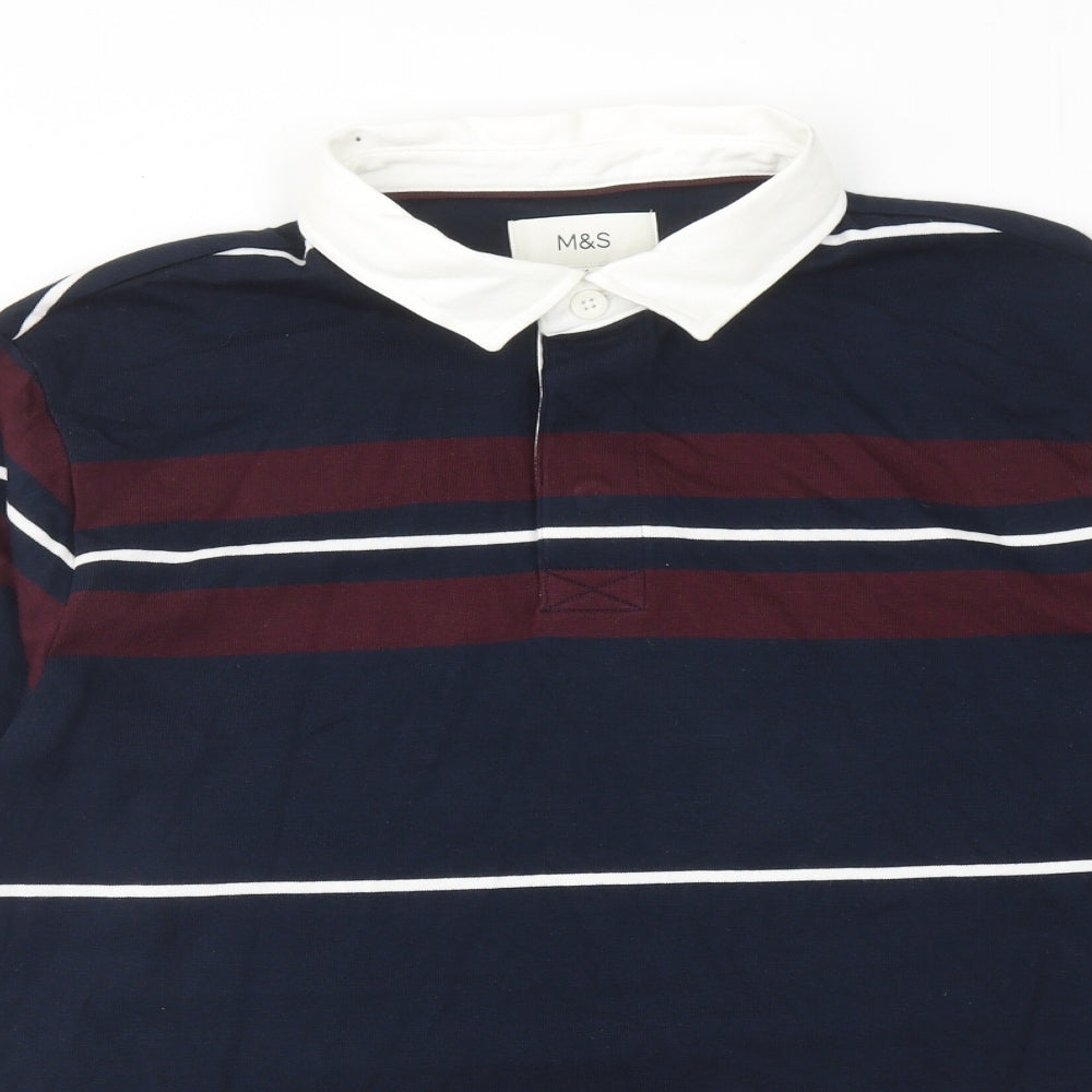 Marks and Spencer Mens Blue Striped Cotton Polo Size L Collared Button