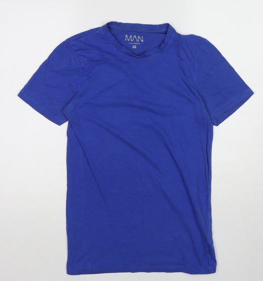Boohoo Mens Blue Cotton T-Shirt Size S Round Neck