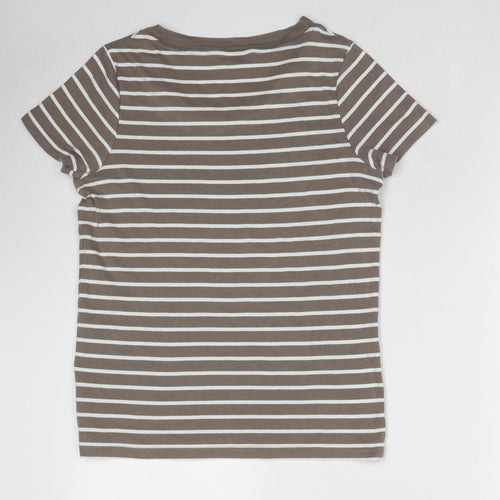 Maine Womens Brown Striped Cotton Basic T-Shirt Size 14 Round Neck