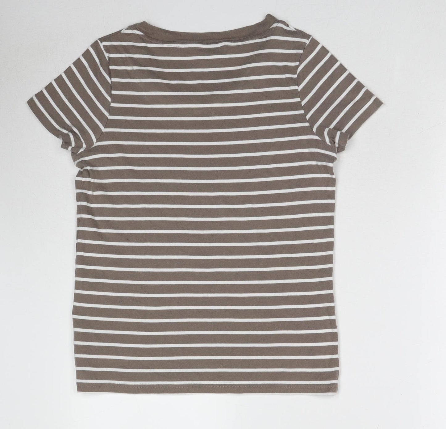Maine Womens Brown Striped Cotton Basic T-Shirt Size 14 Round Neck