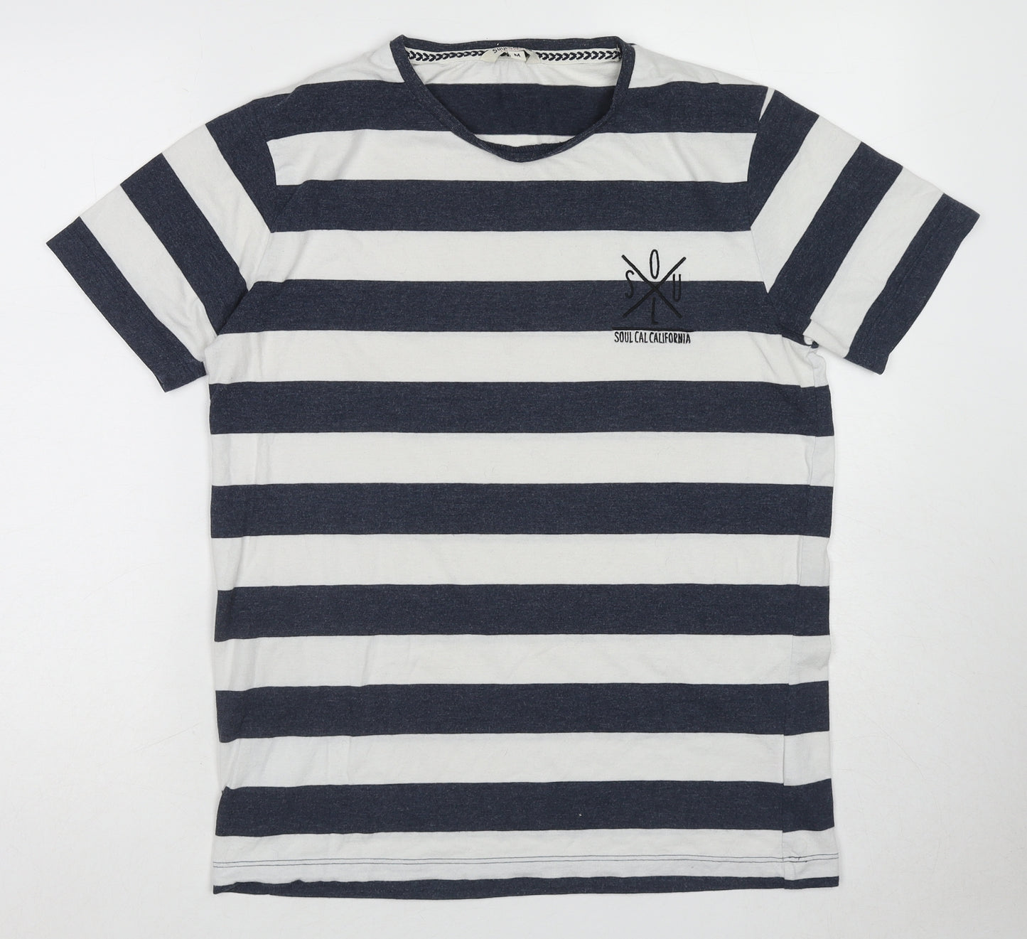 SoulCal&Co Mens Blue Striped Cotton T-Shirt Size M Round Neck