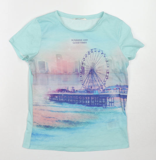H&M Girls Blue Cotton Basic T-Shirt Size 12-13 Years Round Neck Pullover - 12-14 Years, Sunshine and Good Times