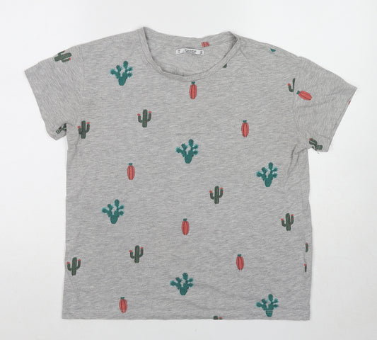 Pull&Bear Womens Grey Geometric Cotton Basic T-Shirt Size M Round Neck - Cactus Print