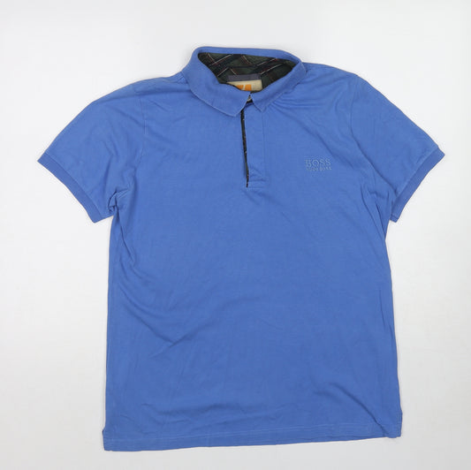 HUGO BOSS Mens Blue Cotton T-Shirt Size M Collared