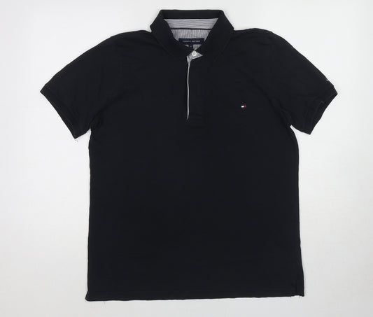 Tommy Hilfiger Mens Black Cotton Polo Size M Collared Pullover