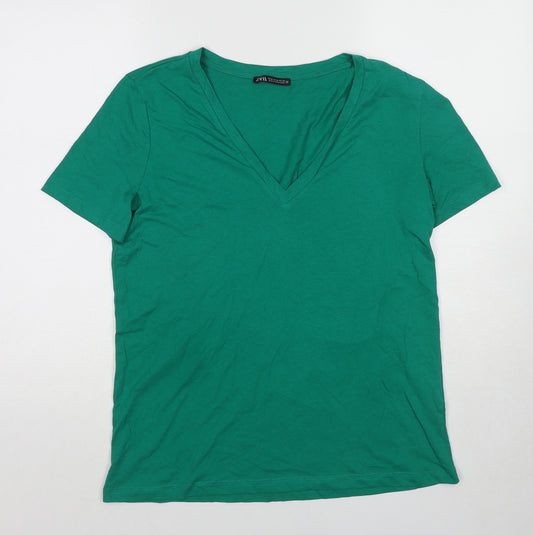 Zara Womens Green Cotton Basic T-Shirt Size M V-Neck