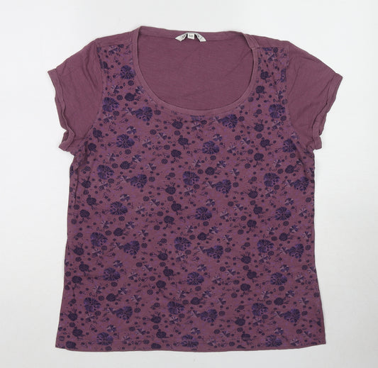 Fat Face Womens Purple Floral Cotton Basic T-Shirt Size 10 Scoop Neck
