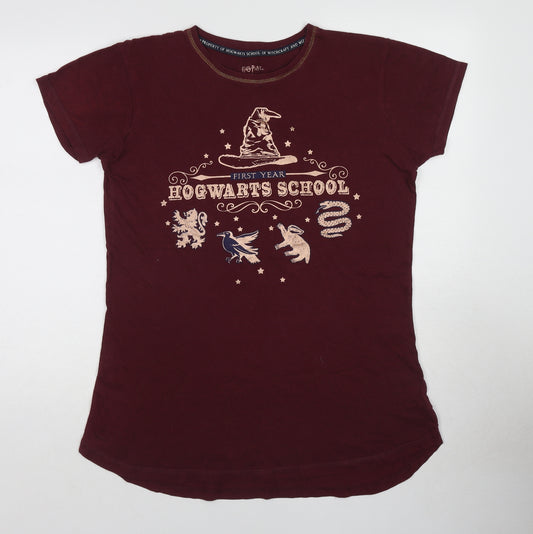 Disney Womens Red Cotton Basic T-Shirt Size 10 Round Neck - Size 10-12 Hogwarts School