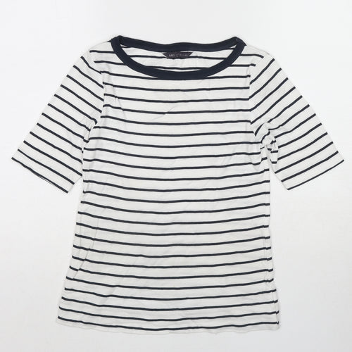 Marks and Spencer Womens White Striped Cotton Basic T-Shirt Size 8 Round Neck