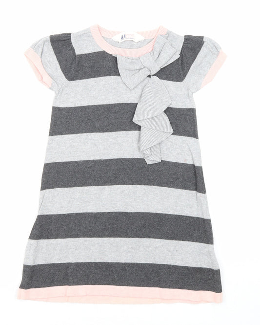 H&M Girls Grey Striped Cotton A-Line Size 3-4 Years Round Neck Pullover