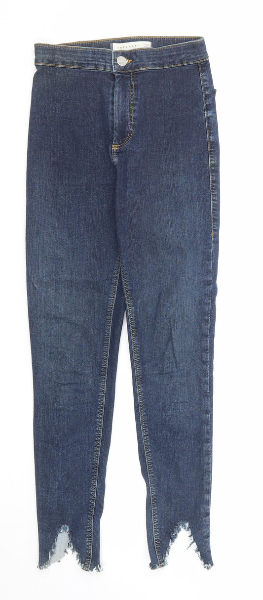 Topshop Womens Blue Cotton Skinny Jeans Size 26 in L30 in Regular Zip - Distressed Hem Look