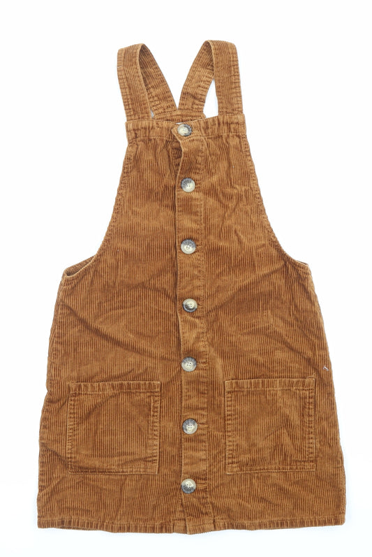 Denim & Co. Womens Brown Cotton Pinafore/Dungaree Dress Size 6 Square Neck Button