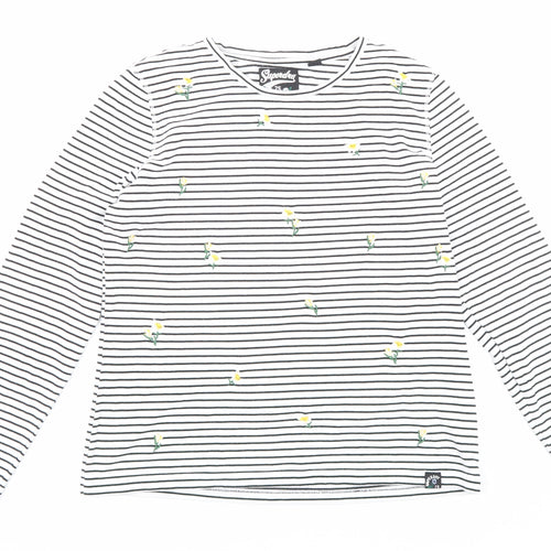 Superdry Womens Black Striped Cotton Basic T-Shirt Size 12 Round Neck - Flower Detail