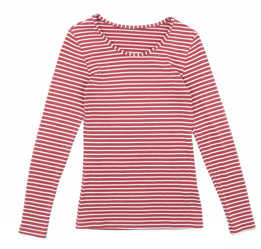 Marks and Spencer Womens Red Striped Acrylic Basic T-Shirt Size 10 Round Neck