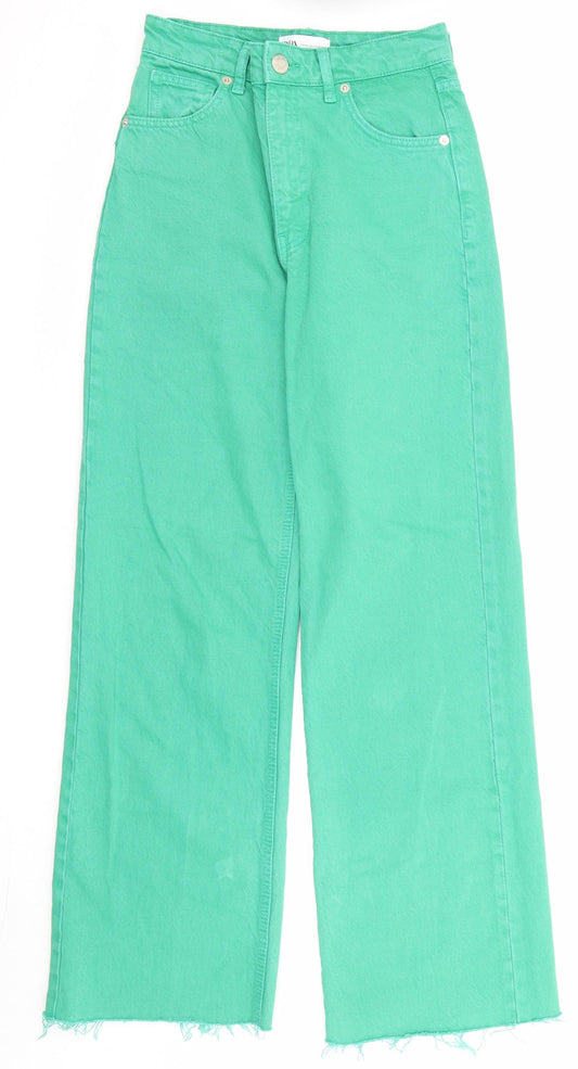 Zara Womens Green Cotton Wide-Leg Jeans Size 6 Regular Zip